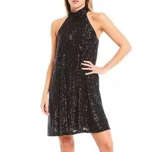 Badgley Mischka | Dresses | Badgley Mischka Tara Halter Neck Black Sequined  Mini Shift Dress Size 4 | Poshmark
